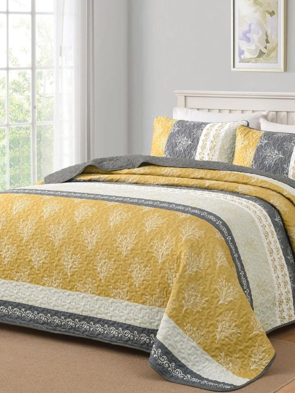 Queen Quilt Set, Boho Lightweight Striped Branch Bedspreads, Yellow
